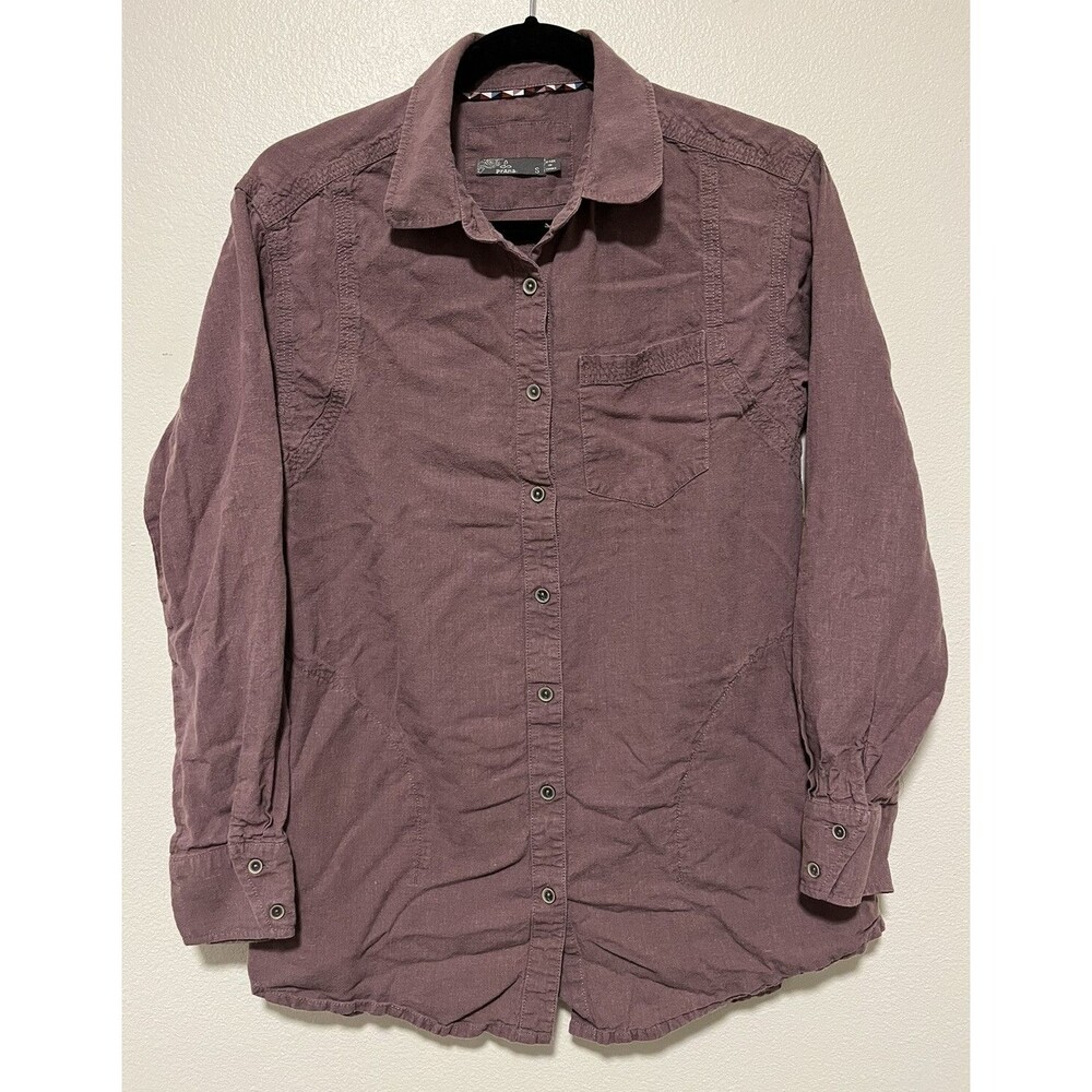 PrAna Aster Tunic Top Size Small Burgandy Button Up Roll Tab Sleeve Hemp Blend